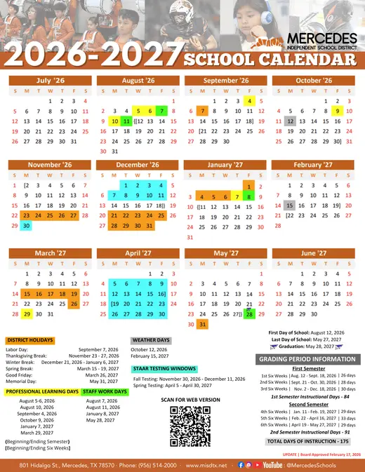 Mercedes Independent School District 2025–2026 Academic Calendar Page 1