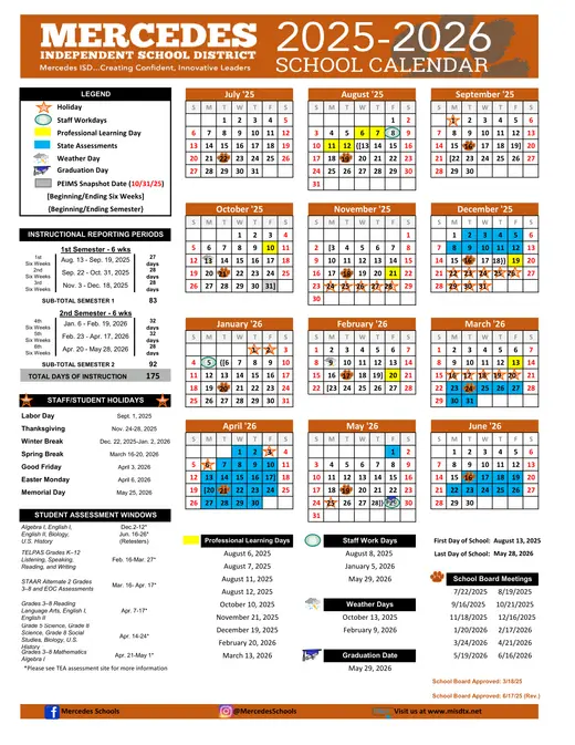 Mercedes Independent School District 2025–2026 Academic Calendar Page 2