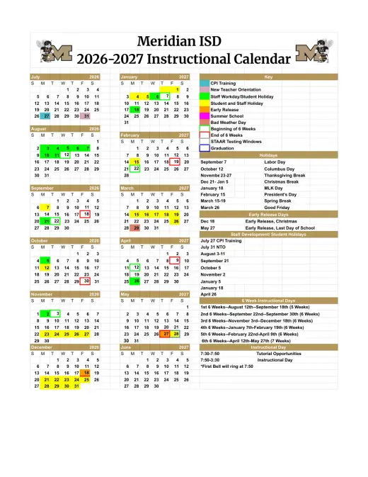 Meridian ISD 2026–2027 Academic Calendar Page 1