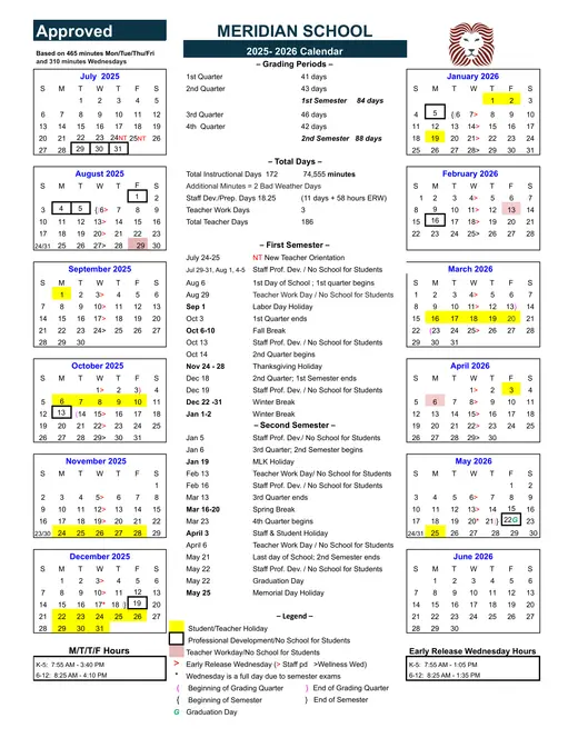 Meridian School 2025–2026 Academic Calendar