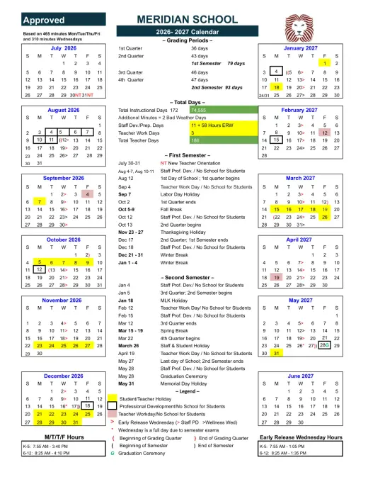 Meridian World School Llc 2026–2027 Academic Calendar Page 1