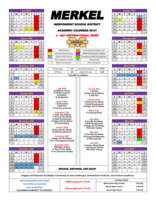 Merkel ISD 2026–2027 Academic Calendar Page 1