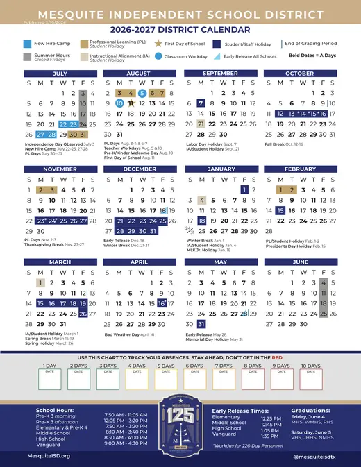 Mesquite Independent School District 2026–2027 Academic Calendar