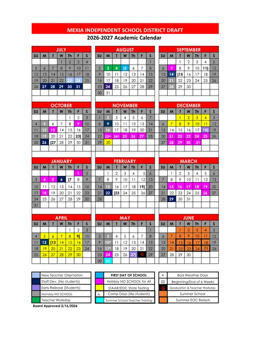Mexia Independent School District 2026–2027 Academic Calendar Page 1