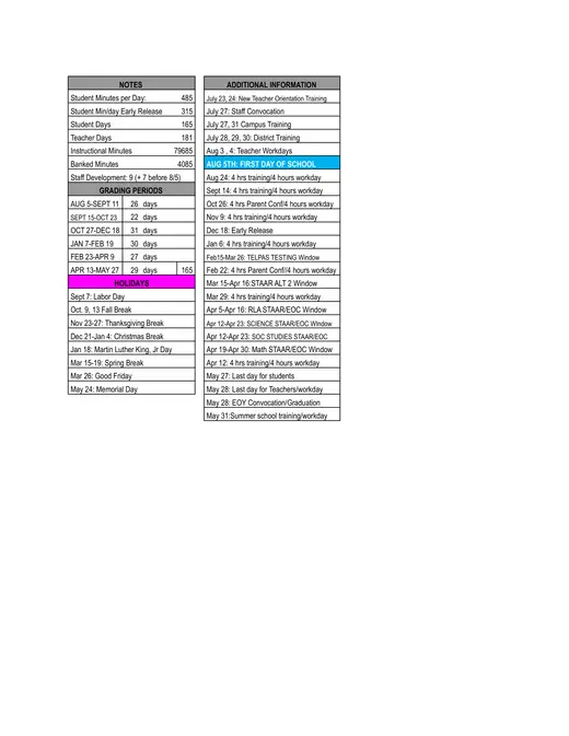 Mexia Independent School District 2026–2027 Academic Calendar Page 2