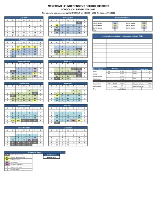 Meyersville ISD 2026–2027 Academic Calendar Page 1