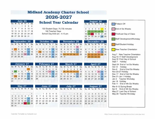 Midland Academy Charter School 2026–2027 Academic Calendar Page 1