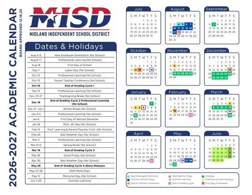 Midland Independent School District 2026–2027 Academic Calendar