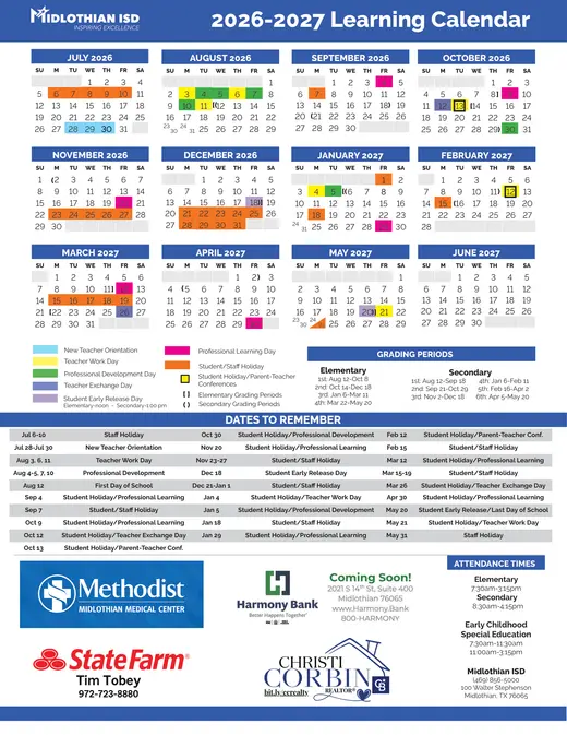 Midlothian ISD 2026–2027 Academic Calendar