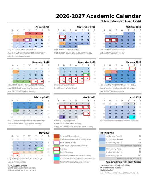 Midway Independent School District 2026–2027 Academic Calendar