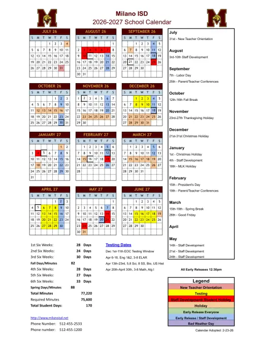Milano ISD 2026–2027 Academic Calendar Page 1