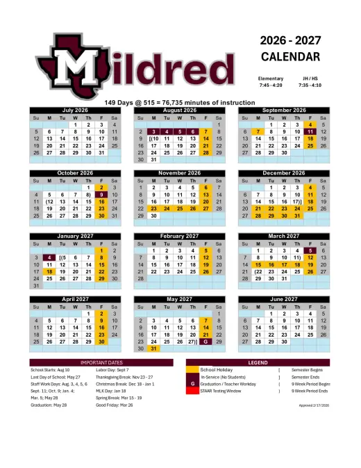Mildred ISD 2026–2027 Academic Calendar Page 1