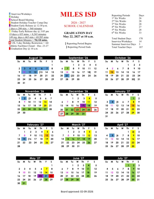 Miles ISD 2026–2027 Academic Calendar Page 1