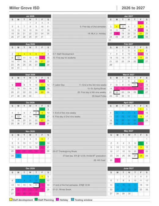 Miller Grove ISD 2026–2027 Academic Calendar Page 1