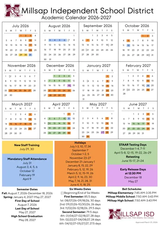 Millsap ISD 2026–2027 Academic Calendar Page 1
