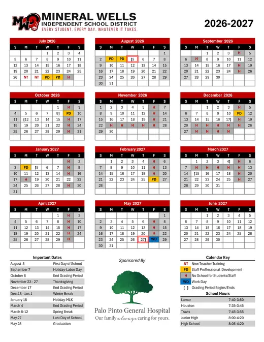 Mineral Wells Independent School District 2026–2027 Academic Calendar