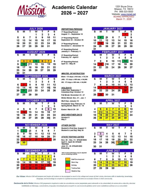 Mission CISD 2026–2027 Academic Calendar Page 1