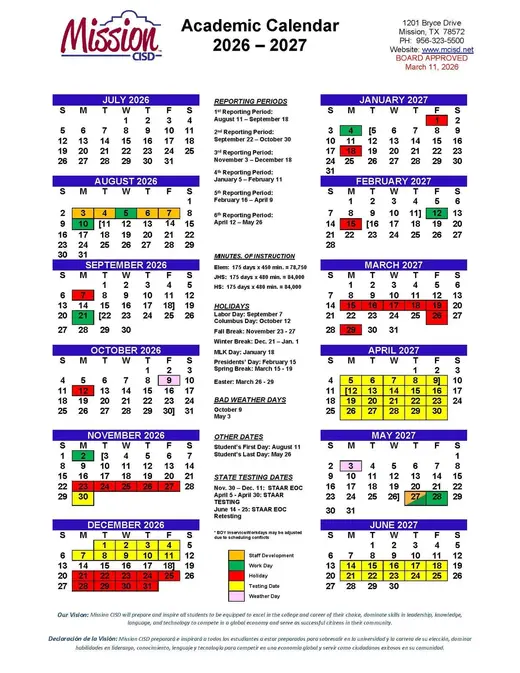 Mission CISD 2026–2027 Academic Calendar Page 2
