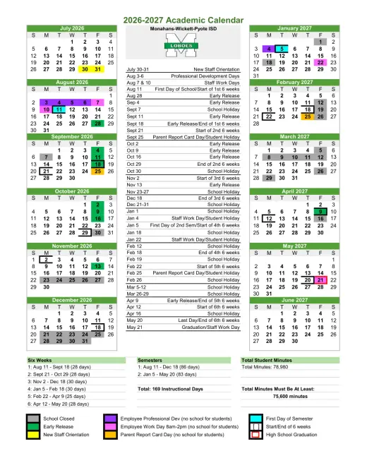 Monahans-Wickett-Pyote ISD 2026–2027 Academic Calendar Page 1