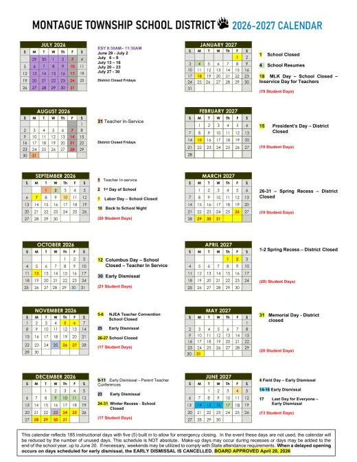 Montague ISD 2026–2027 Academic Calendar Page 1