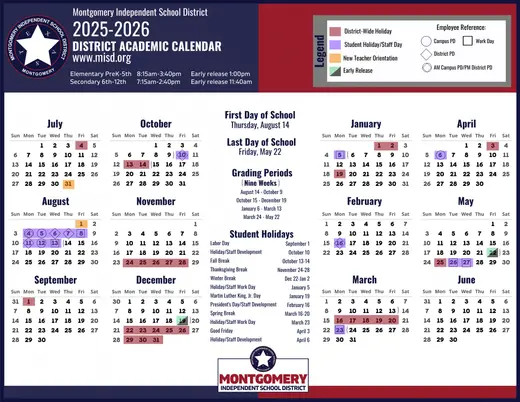 Montgomery Independent School District 2025–2026 Academic Calendar Page 1