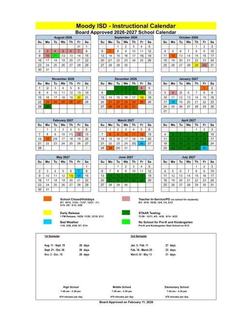 Moody ISD 2026–2027 Academic Calendar Page 1