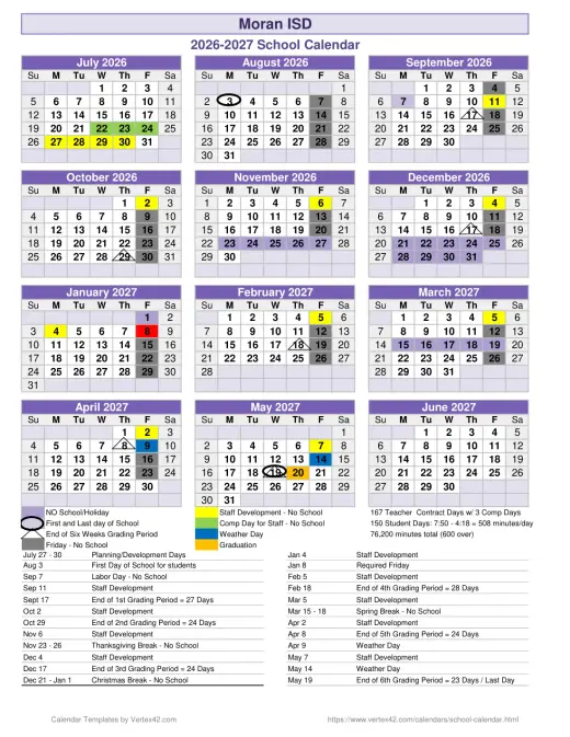 Moran ISD 2026–2027 Academic Calendar Page 1