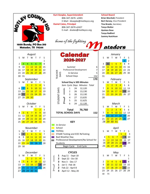 Motley County ISD 2026–2027 Academic Calendar Page 1