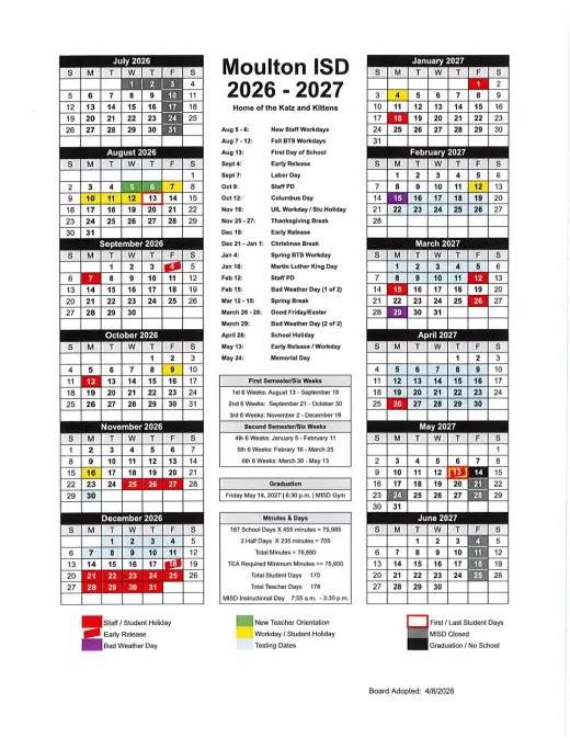 Moulton ISD 2026–2027 Academic Calendar Page 1