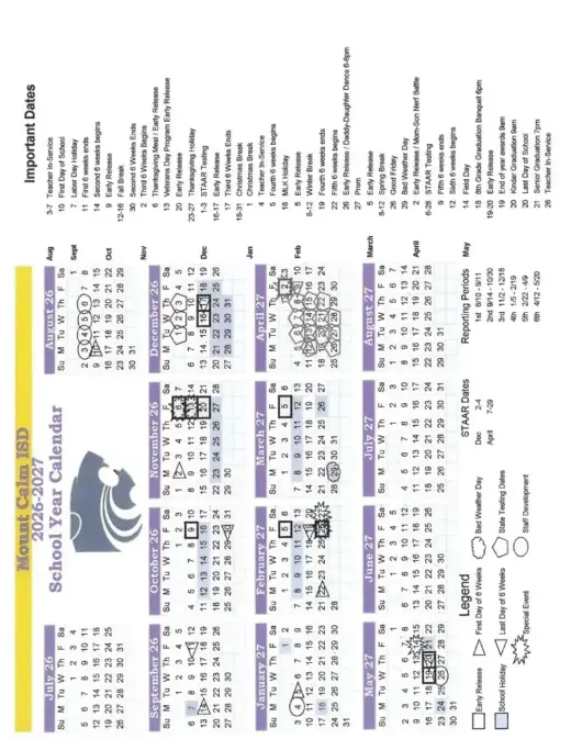 Mount Calm ISD 2026–2027 Academic Calendar Page 1
