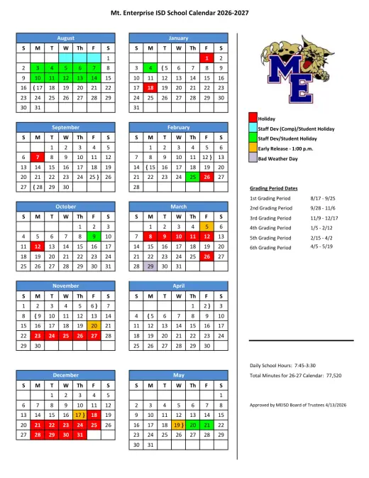 Mount Enterprise ISD 2026–2027 Academic Calendar Page 1