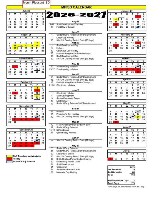 Mount Pleasant ISD 2026–2027 Academic Calendar