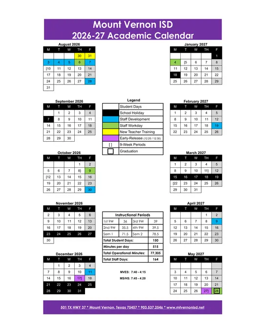 Mount Vernon ISD 2026–2027 Academic Calendar
