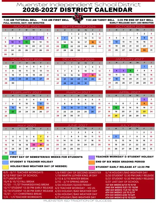 Muenster ISD 2026–2027 Academic Calendar Page 1