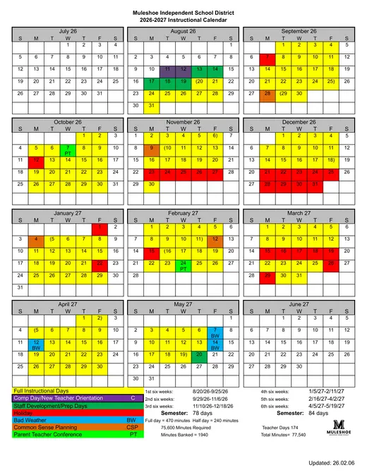 Muleshoe Independent School District 2026–2027 Academic Calendar Page 1