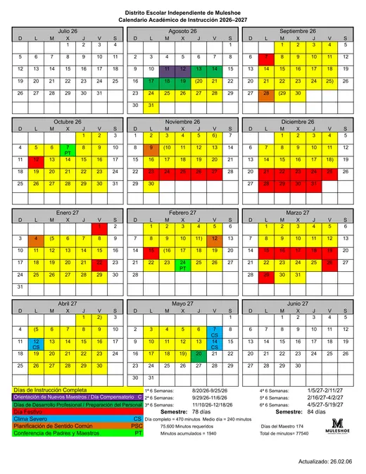 Muleshoe Independent School District 2026–2027 Academic Calendar Page 2