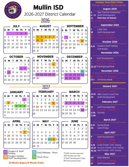 Mullin ISD 2026–2027 Academic Calendar Page 1