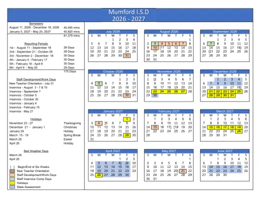 Mumford ISD 2026–2027 Academic Calendar Page 1