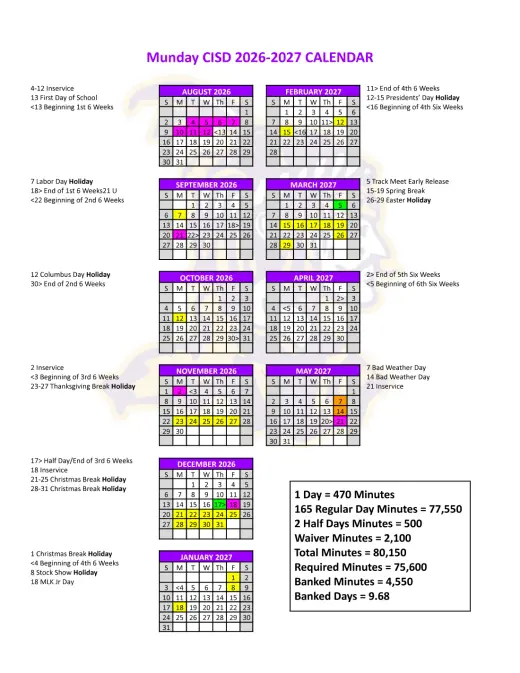 Munday CISD 2026–2027 Academic Calendar Page 1