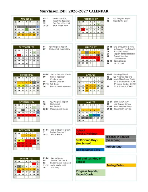 Murchison ISD 2026–2027 Academic Calendar Page 1