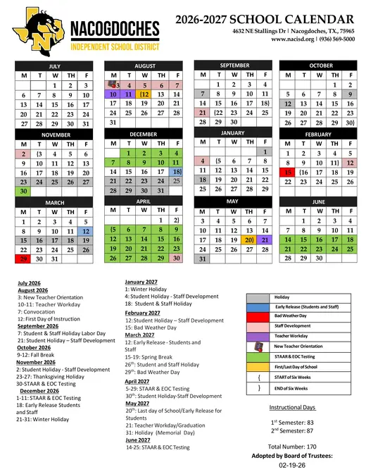 Nacogdoches Independent School District 2026–2027 Academic Calendar