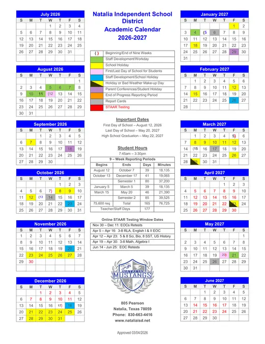 Natalia Independent School District 2026–2027 Academic Calendar