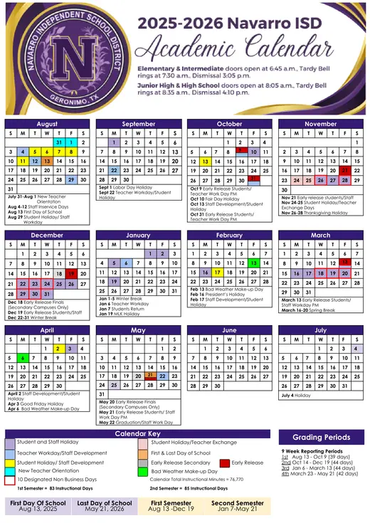 Navarro ISD 2025–2026 Academic Calendar
