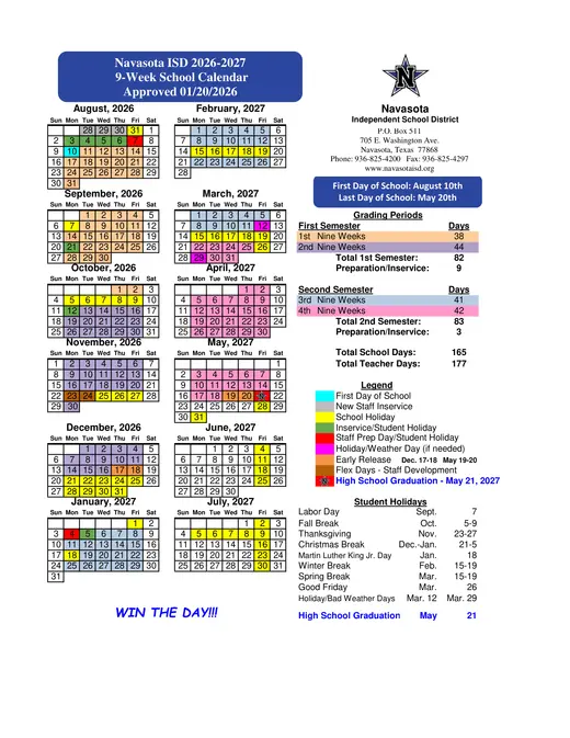 Navasota Independent School District 2026–2027 Academic Calendar