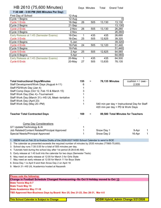 Nazareth ISD 2026–2027 Academic Calendar Page 1