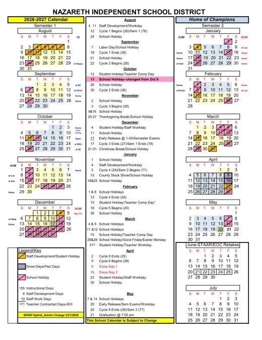 Nazareth ISD 2026–2027 Academic Calendar Page 2