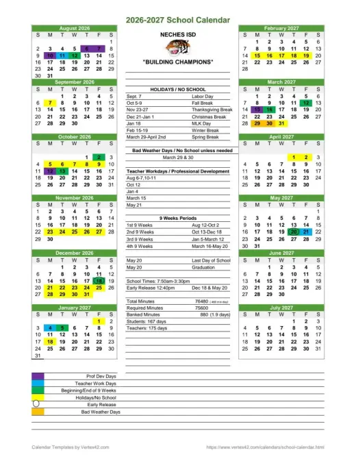 Neches ISD 2026–2027 Academic Calendar Page 1