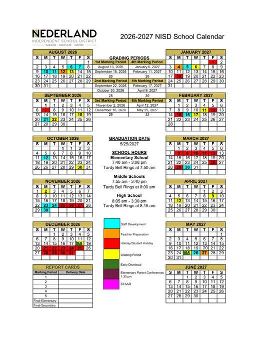 Nederland Independent School District 2026–2027 Academic Calendar