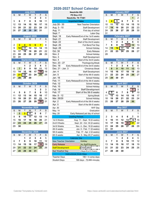 Needville ISD 2026–2027 Academic Calendar