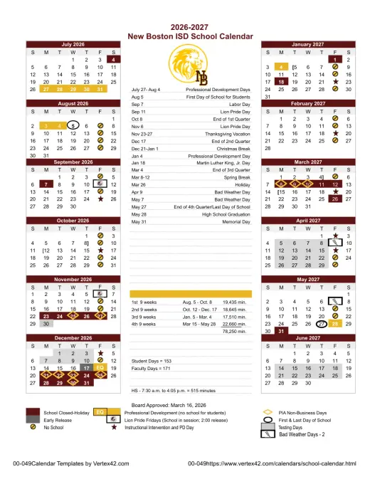 New Boston ISD 2026–2027 Academic Calendar Page 1